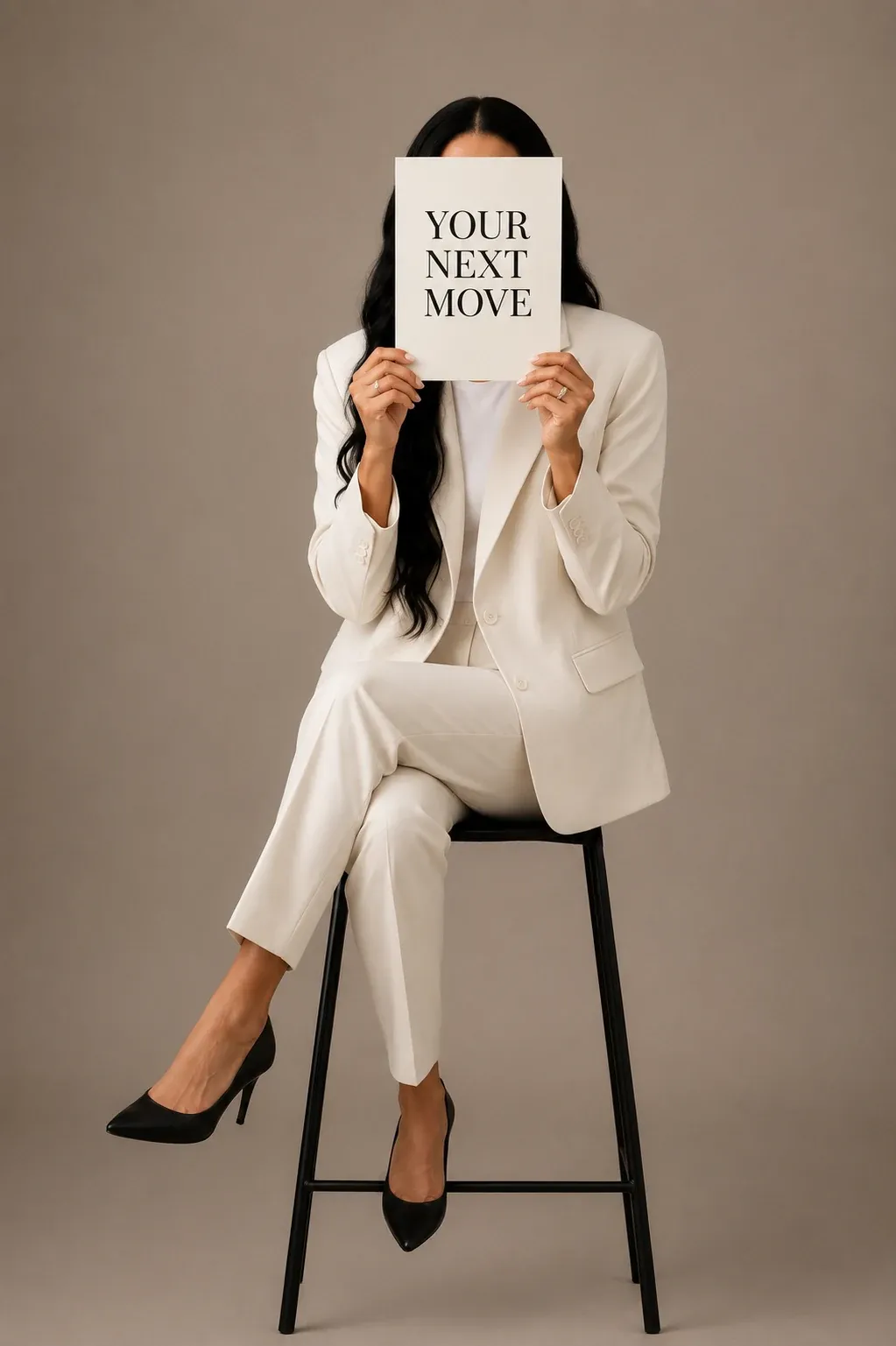 KW Ventures & Consulting — Principal Consultant in an ivory suit holding a 'Your Next Move' card